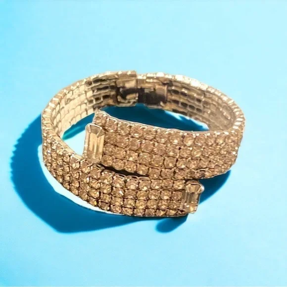 Vintage Silver Toned Round and Baguette Rhinestone Wrap Hinged Bracelet - Picture 4 of 4